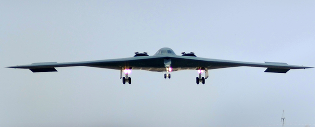 One of three U.S. Air Force B-2 Spirit stealth bomber aircraft returns to Whitman AFB in Missouri after a mission over Libya as part of Joint Task Force Odyssey Dawn.